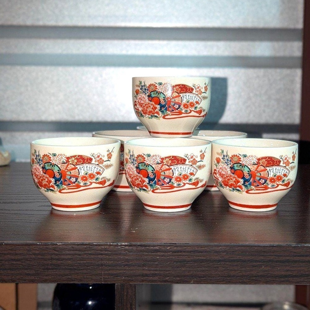 Vintage Kutani Japanese Sake Tea Cup Yunomi Signed Ware Sencha Pottery Set Of 7